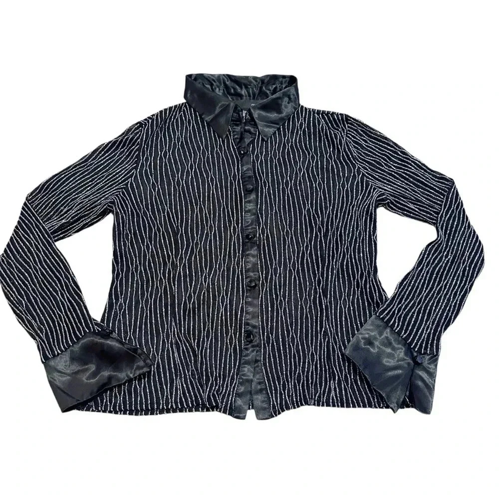 Y2K Black and silver striped sheer button up shirt size 14